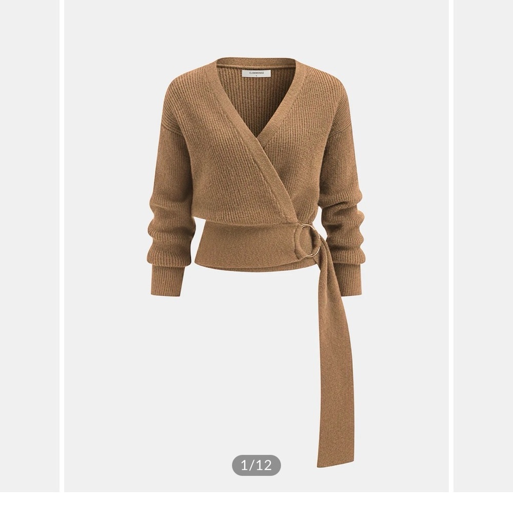 Commense Camel Wrap V-Neck Tie Sweater